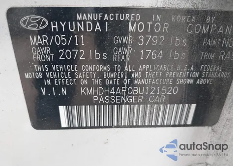 2011 Hyundai Elantra Gls (Ulsan Plant) from USA, damaged, VIN KMHDH4AE0BU121520